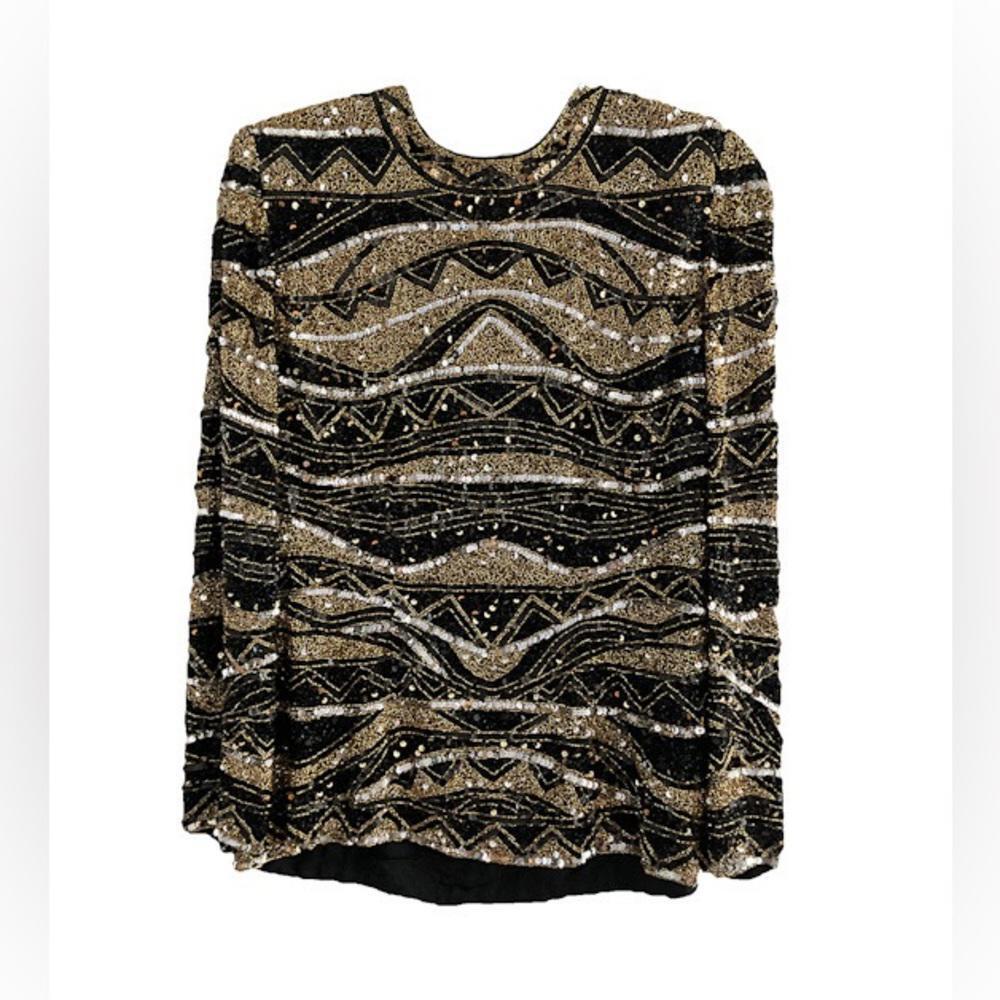 Vintage BLACK TIE OLEG CASSINI Oleg | SZ M | Embellished Beaded Sequin Silk Top - Picture 6 of 11